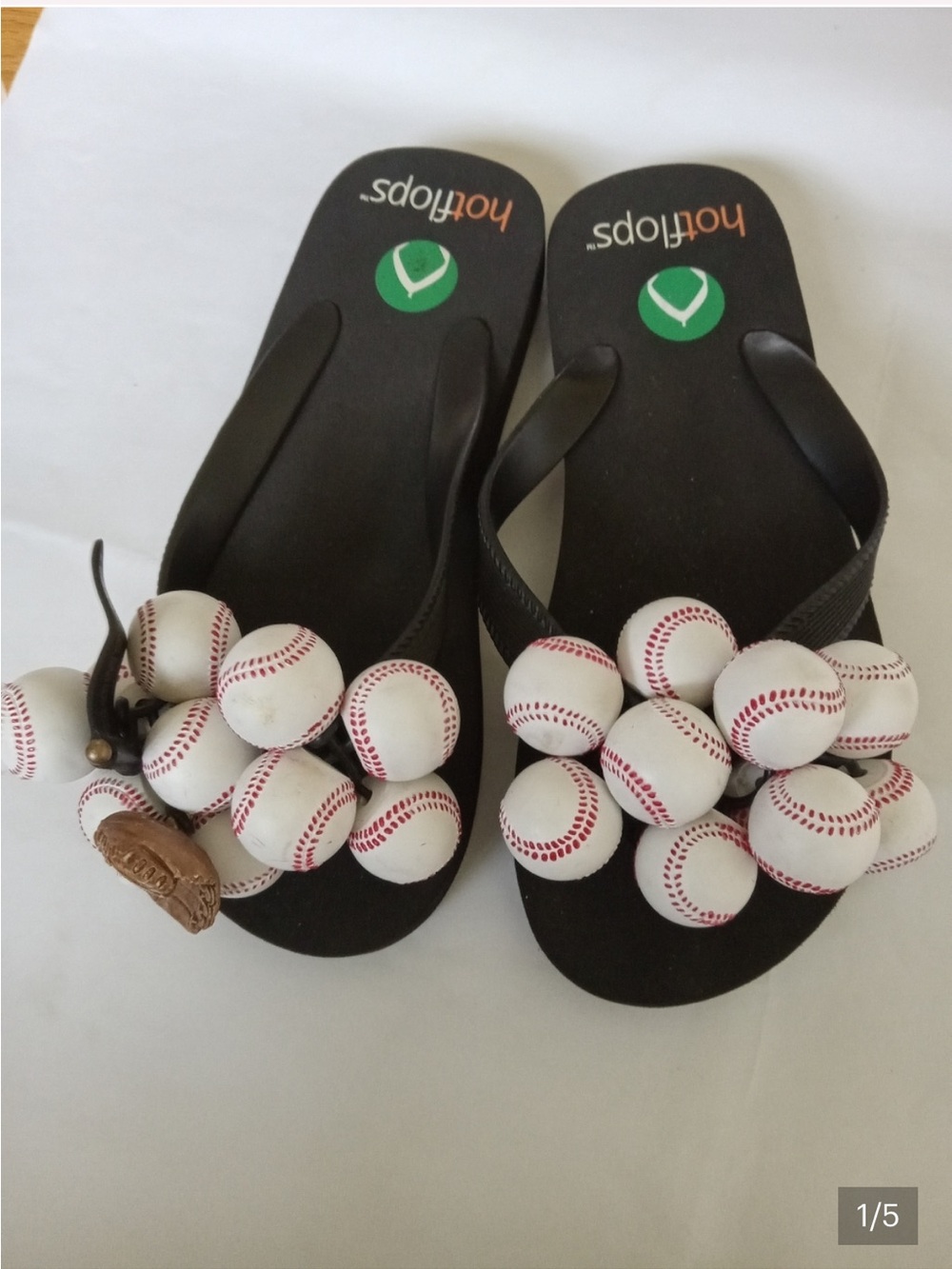 Hot Topic Black Flip Flop Sandals with White Baseball Pom Poms